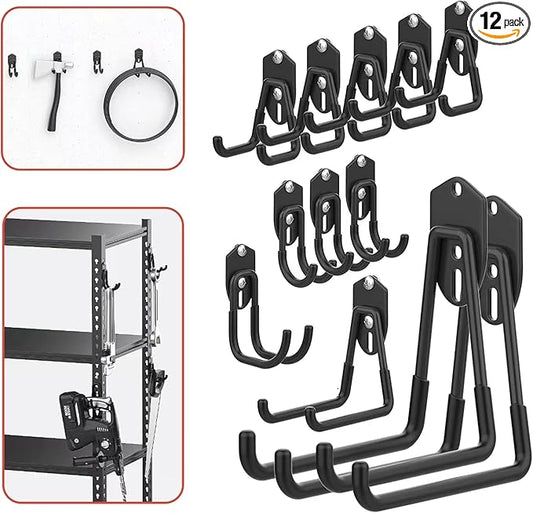 WALMANN 12 PCS Garage Storage Hooks, Wall Mount Utility Hooks for Tools, Ladders, Cords, Folding Chairs, Shovels and Rakes, Shelving Hooks for Keyhole Shelving Units(Black)