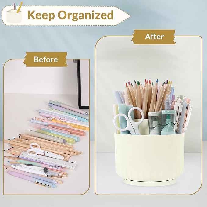 SKYDUE 360 Degree Rotating Desk Organizer, Small Dual-Purpose Pencil Pen Holder for Desk, Rotating Pencil Cup with 5 Slots, Office Supplies, Desk Decor for Office, School, Home