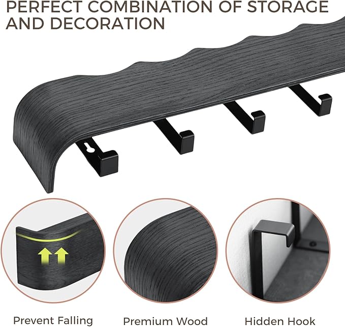 Wall Coat Rack Floating Shelves Modern Coat Rack Wall Mount with Storage Entryway Shelf Wooden Hanger 20 Inch 4 Hidden Metal Hooks for Living Room Bedroom (Wavy Black, 5 Hooks)