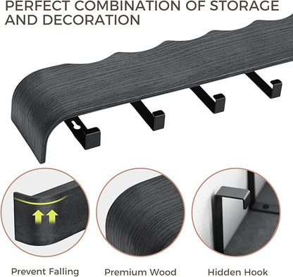 Wall Coat Rack Floating Shelves Modern Coat Rack Wall Mount with Storage Entryway Shelf Wooden Hanger 20 Inch 4 Hidden Metal Hooks for Living Room Bedroom (Wavy Black, 5 Hooks)