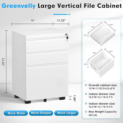 Greenvelly 3-Drawer Mobile File Cabinet with Locking Drawers & Wheels, No Assembly Required White Rolling Metal Filing Cabinet for Home Office, Lockable File Organizer Under Desk or Letter/Legal Files
