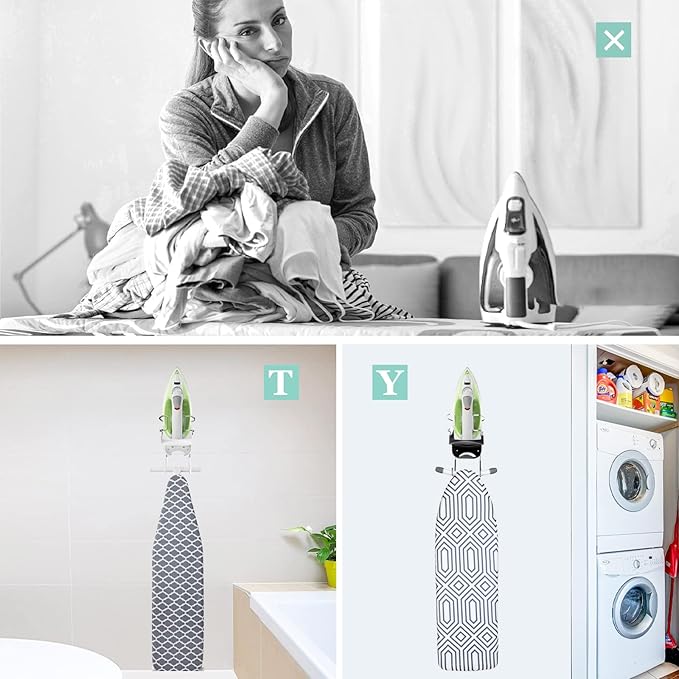 DOUBLE 2 C Ironing Board Hanger Wall Mount Electric Iron Holder Iron and Ironing Board Storage Organizer Shelf with Removable Hooks for Household Bathroom Laundry Room (Black)