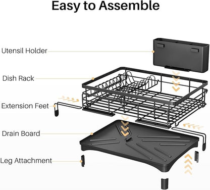 Dish Drying Rack, Extendable Dish Rack, Large Sink Drying Dish Drainer for Kitchen Counter, Carbon Steel Dish Strainer with Utensil Holder,Black