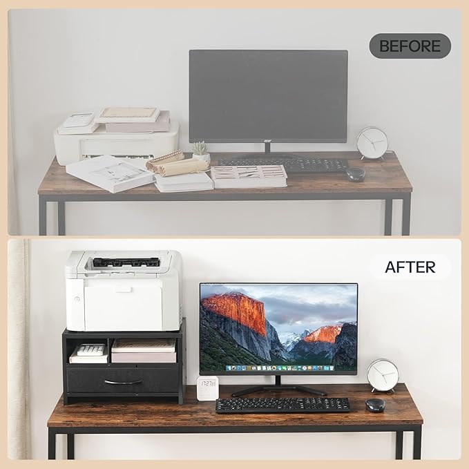 HOOBRO Desktop Printer Stand, Printer Stand Shelf Organizer with Drawer, Wooden Under Desk Printer Table, Storage Shelf, for Home Office Black BB08PS01