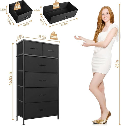 Mifuro Tall Dresser for Bedroom, Vertical Storage Organizer Tower with 6 Drawers, Chest of Drawers with Fabric Bins, Steel Frame, Wood Top for Bedroom, Closet, Entryway- Black