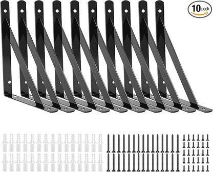 10 Pack L10 x H 6" Heavy Duty Shelf Brackets with Screws Open Floating Shelving Bracket L Brackets Black Metal Shelf Brackets for Shelves, Room, Pantry,Garage