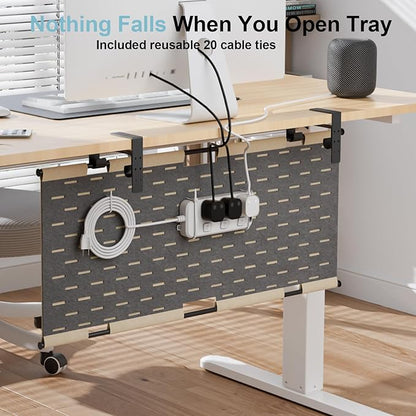 No Drill Under Desk Cable Management Tray, 30" Large Felt Cord Organizer with Pegboard-Style Design, Power Strip Holder, Privacy Panel for Standing Desk & Home Office, Clamp/Screw Mount (Khaki/Gray)
