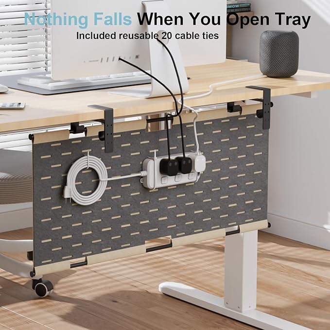No Drill Under Desk Cable Management Tray, 45.2" Large Felt Cord Organizer with Pegboard-Style Design, Power Strip Holder, Privacy Panel for Standing Desk & Home Office, Clamp/Screw Mount (Khaki/Gray)