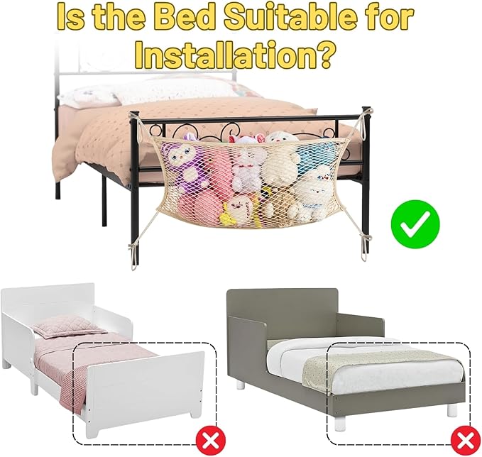 Stuffed Animal Storage Net for Kids, Bedside Toy Organizer Net - Neatly Store Your Stuffed Animals, Cotton Bedside Stuffed Animal Storage Net with Tether, Stretches up to 35 Inches, Beige