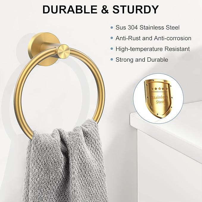 SetSail Towel Holder Screw-in Gold Towel Ring for Bathroom Wall Stainless Steel Hand Towel Holder for Bathroom, Kitchen Drill Hole