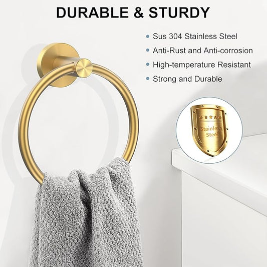 SetSail Towel Holder Screw-in Gold Towel Ring for Bathroom Wall Stainless Steel Hand Towel Holder for Bathroom, Kitchen Drill Hole