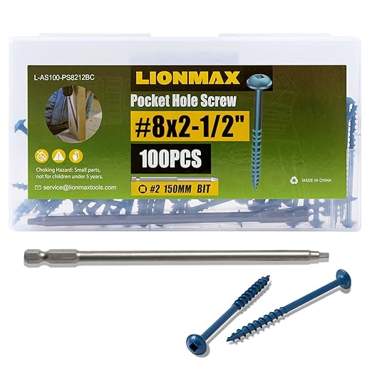 LIONMAX Pocket Hole Screws 2-1/2 Inch, 100 PCS Exterior Pocket Screw #8 x 2-1/2", Coarse Thread, Square Drive, Washer Head, Blue Coated Weather Resistant, 150MM Drive Bit Included
