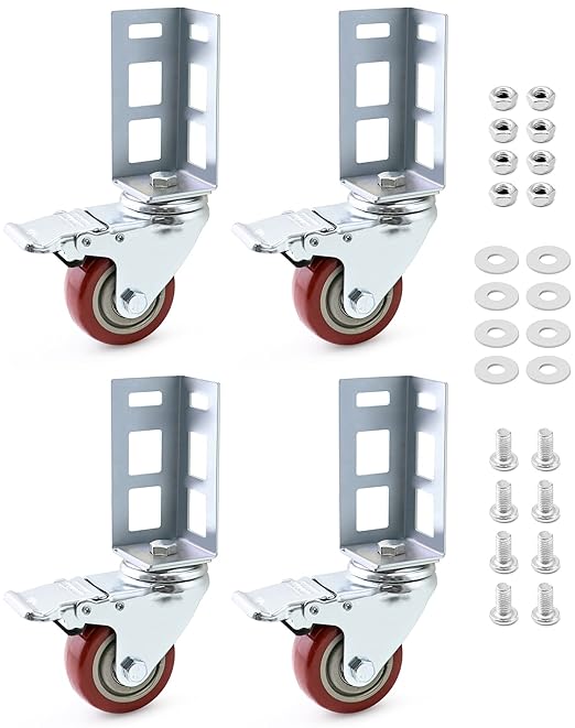 QWORK 3" Caster Wheels for Boltless Shelving – 500 lb Load Capacity, 4 Pack Storage Shelf Accessories for Garage, Storage, Workshop, 8-11/16" Total Height, 2-1/16" Side Length