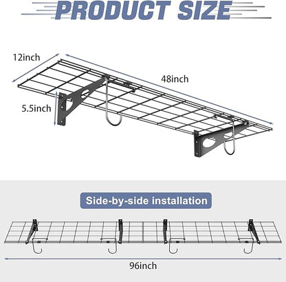 WALMANN 2 Pack Garage Wall Shelves, 1 x 4 ft/12 * 48 inch Wall Mounted Storage Shelves for Garage Heavy Duty Floating Shelving, Holds Up to 220 lbs(Black)