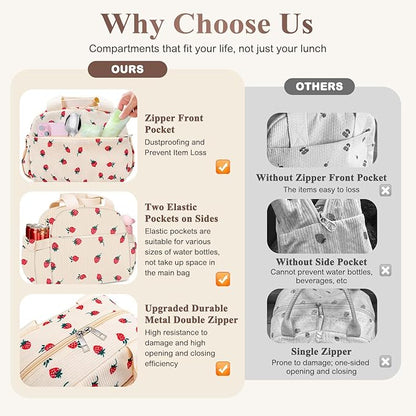 Lunch Box for Women, Cute Strawberry Corduroy Insulated Lunch Bag Women Reusable Work Leakproof Simple Adults Large Lunch Boxes Tote Bag Men Cooler Bag