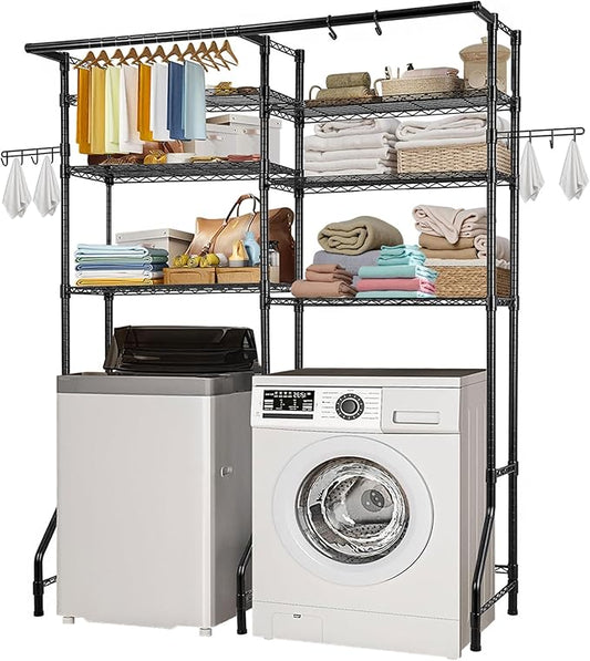 VEVOR Over Washer and Dryer Storage Shelves, 6 Tiers Laundry Room Drying Rack with Hanger Rod and Hooks, Two Rows Adjustable Washer Shelves Space Saver, for Laundry Room Storage & Organization, Black