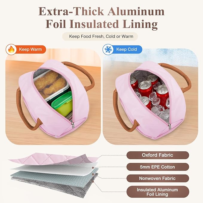 Lunch Box for Women Adult Men Insulated Cute Quilted Lunch Bag Women Reusable Large Lunch Tote Bag Leakproof Simple Cooler Bag for Work Office Picnic Beach or Travel