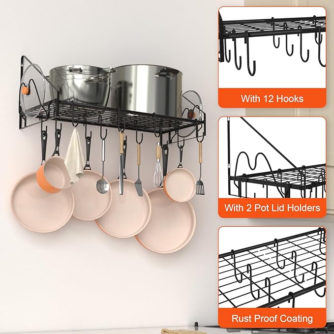 28 Inch Pot Rack Wall Mounted, Pots and Pans Organizer with 12 Hooks and 2 Pot Lid Holders, Heavy Duty Steel Pot and Pan Hanger for Kitchen Cookware Utensils Storage 34.7" Lx13 Wx12.6 H