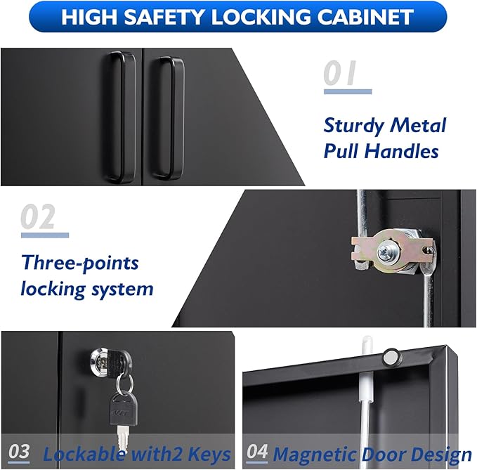 Metal Storage Cabinet, 2 Doors Garage Cabinets, Steel Utility Tool Caninet, Short Locking Caninets with Adjustable Shelves, Black Lockable File Cabnet Cupboard for Home/Office/School/Shop