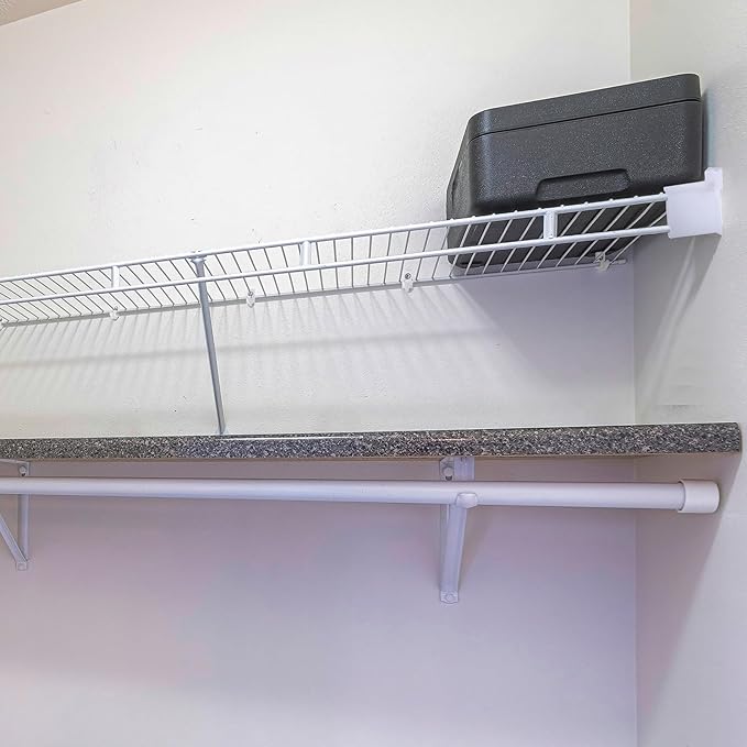 Hicarer 16 Pcs Wire Shelf Support Brackets Kit for 12 Inch, Include 4 Mental Closet Support Brace 8 White Down Wall Clips and 4 Wire Shelf End Brackets with Screws for Wardrobe