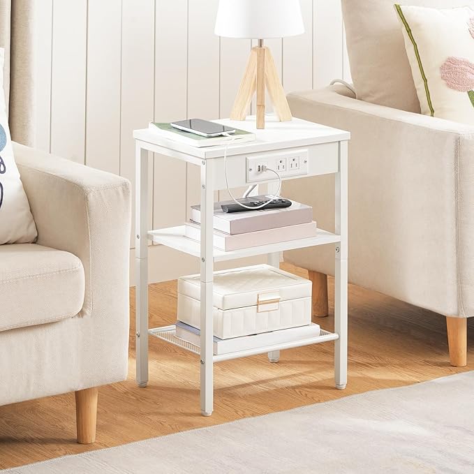 HOOBRO Side Table with Charging Station and USB Port, Small End Table for Small Space, 3-Tier Nightstand with Adjustable Shelf, for Living Room, Bedroom and Balcony, White WW112BZ01