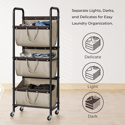 GRANNY SAYS 3 Tier Laundry Sorter, Laundry Basket with Wheels, Laundry Room Organization and Storage, 3 Section Rolling Laundry Cart for Dorm, Bathroom, Bedroom, Closet, Light Khaki