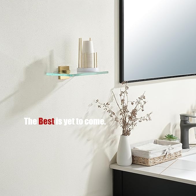 JQK Bathroom Glass Shelf Gold, Tempered Glass Shower Storage 8 by 5 inches, 304 Stainless Steel Brushed Gold Wall Mount, TGS201L8-BG