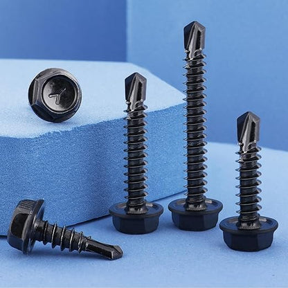 150Pcs Self Drilling Screws Assortment Kit, 410 Stainless Steel Self Tapping Sheet Metal Screws, Black Zinc Plated, #8 1/2" 3/4" #10 1" 1-1/2", Hex Washer Head