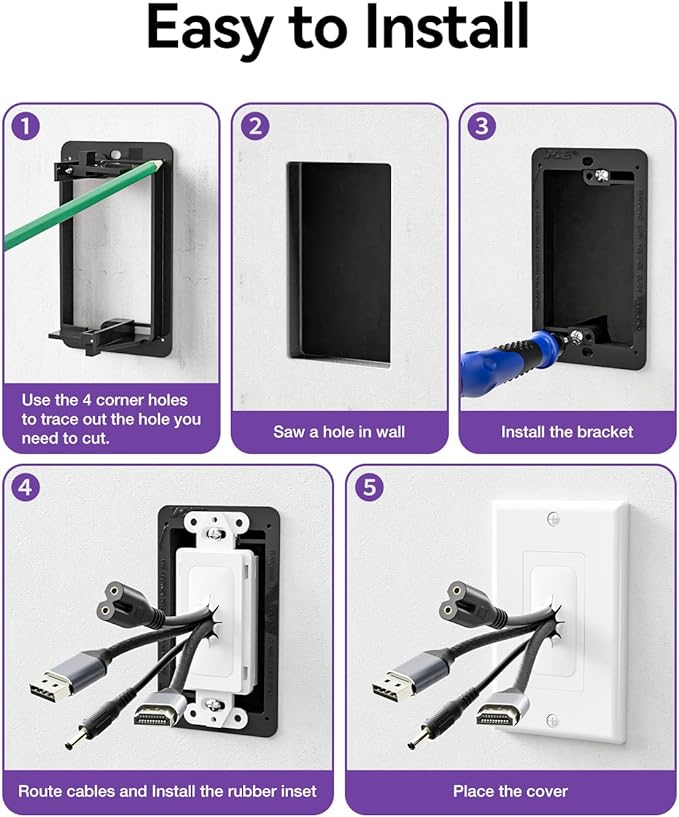 VCELINK Wall Plate Cable Pass Through with Mounting Bracket, Single Gang Flexible Rubber Opening Cable Outlet Cover for Low Voltage Cables, Wall Mount TV, Home Theater System, 2-Pack, White