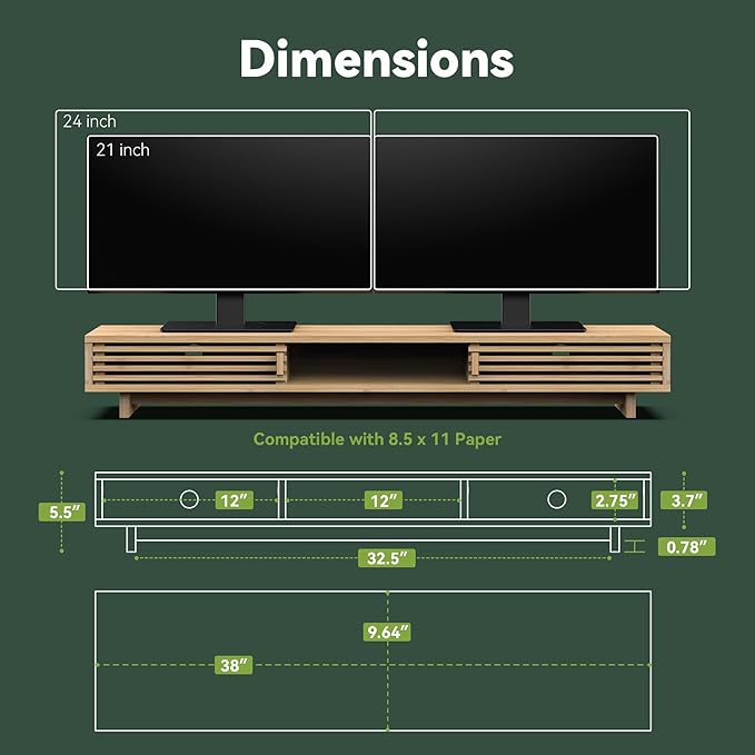 Dual Monitor Stand Riser with Sliding Door, Double Computer Laptop Stand Desk Shelf Organizer with Storage (Natural Bamboo, 38 Inch)
