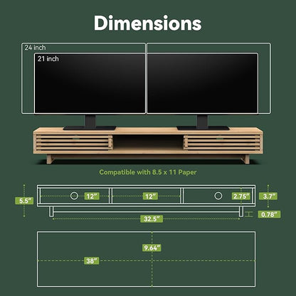 Dual Monitor Stand Riser with Sliding Door, Double Computer Laptop Stand Desk Shelf Organizer with Storage (Natural Bamboo, 38 Inch)