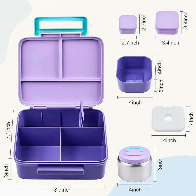 Bento Lunch Box for Kids with 8oz Soup Thermo Leak-Proof Lunch Food Containers with Snack Sauce Container for Kid Girls Boys to School,Purple