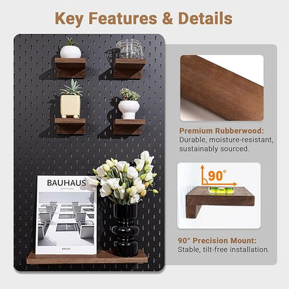 Pegboard Shelf Set Compatible with IKEA Skadis Pegboard - Walnut Finish Wood Shelves, 4-Pack No Assembly Pegboard Wall Organizers