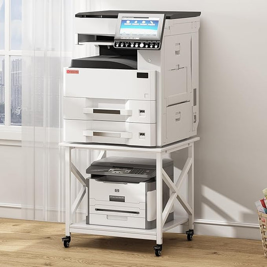 23.6 x 23.6 Inches Large Printer Stand, 2 Tier Square Printer Table with Storage Shelf for Home Office, Multi-use Rolling Cart with Wheels for Laser, 3D Printer and Mini Fridge - White