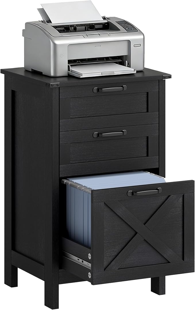 HOMCOM 3 Drawer File Cabinet with Silent Slides, Vertical Filing Cabinet for Hanging A4/Letter Size, Rustic Farmhouse Printer Stand with Storage for Home Office, Distressed Black