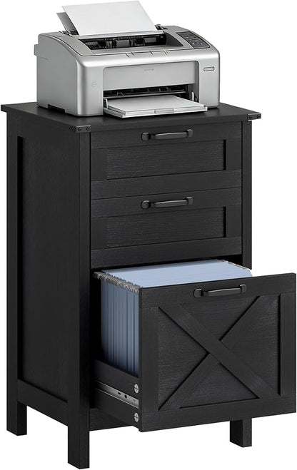 HOMCOM 3 Drawer File Cabinet with Silent Slides, Vertical Filing Cabinet for Hanging A4/Letter Size, Rustic Farmhouse Printer Stand with Storage for Home Office, Distressed Black