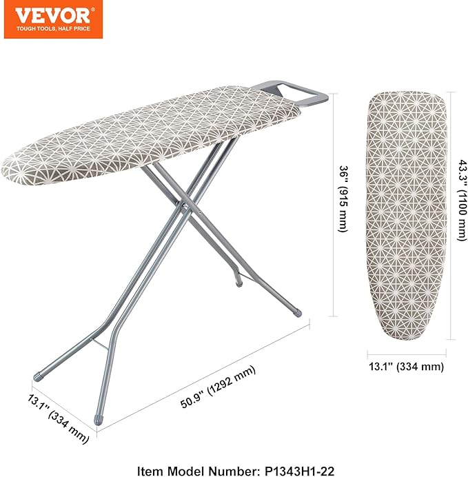 VEVOR Ironing Board with Large 43 x 13 Ironing Surface, Thickened 4 Layers Iron Board with Heat Resistant Cover and 100% Cotton Cover, 7 Adjustable Heights Ironing Board for Home Laundry Room Use