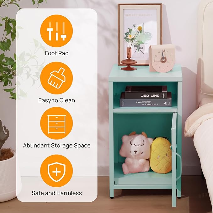 ALBAD Compact Metal Nightstand with Lockable Cabinet and Open Shelf, Modern Bedside Table, Versatile Side Table for Bedroom, Living Room, or Office (Light Green, 26" H-Lockable Door)