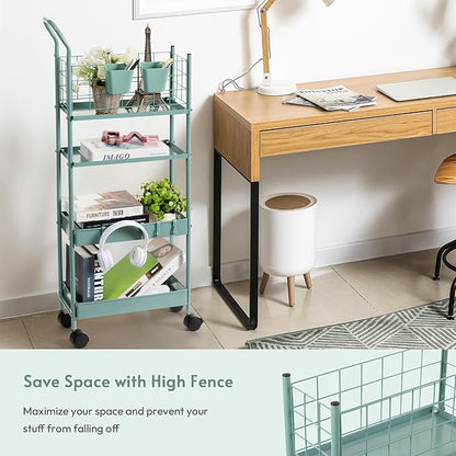 danpinera Rolling Utility Cart with Wheels, 4 Tier 7.7'' Metal Rolling Narrow Storage Cart with Hooks and Hanging Cups on Wheels for Bathroom, Kitchen, Office and Small Spaces, Green