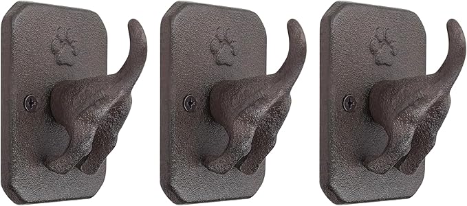 Cast Iron Dog Tail Wall Hooks - Heavy Duty Rustic Dog Leash Holder, Wall Mount Coat Hook for Hanging Key Towel Collar, Decorative Puppy Butt Paw Hanger for Farmhouse Entryway Mudroom, 3 Pack