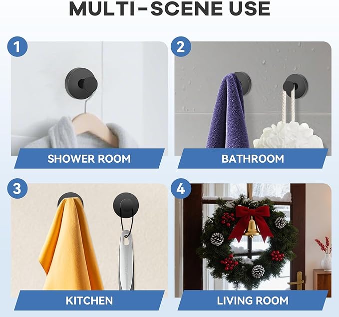 Suction Cup Hooks for Shower, Bathroom,Glass Windows,Tile – Towel, Loofah, No-Drill Wreath Hanger for Front Door Waterproof Hook Hold,Black 4packs