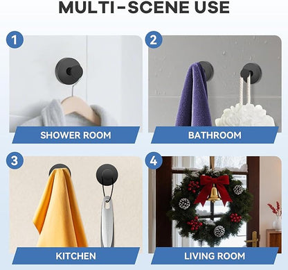 Suction Cup Hooks for Shower, Bathroom,Glass Windows,Tile – Towel, Loofah, No-Drill Wreath Hanger for Front Door Waterproof Hook Hold,Black 4packs