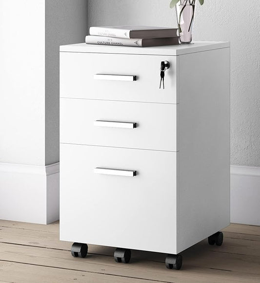 Modern Design Lazio White File Cabinet, Filing Cabinets for Home Office, Drawers for Under Desk, Locking 3 Drawer Rolling Wood File Cabinet with Lock, by Crafts and Comfort