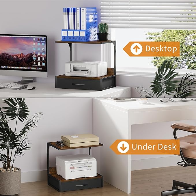 Printer Stand with Storage for Desk, with Fabric Drawer Desktop Printer Stand Shelf Organzier for Home Office, for Above and Under Desk Printer Table, Fax Machine Copier, Retro