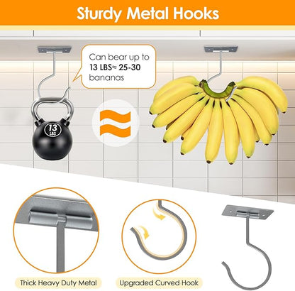 2PCS Self Adhesive Banana Hook Under Cabinet Foldable Banana Hanger Metal Under Counter Banana Hook to Keep Bananas Fresh Banana Holder for Kitchen RV Space Saving, Silver