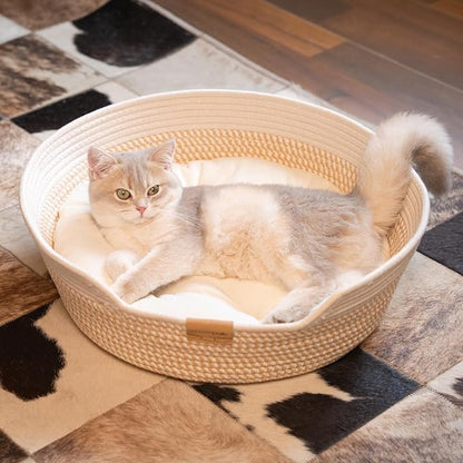 CHEERHOME PETS Cat Bed Basket with Cushion, Cute Pet Bed for Indoor Cats Couch, Kitten Bed for Medium and Large Cat, All Season Universal (White)