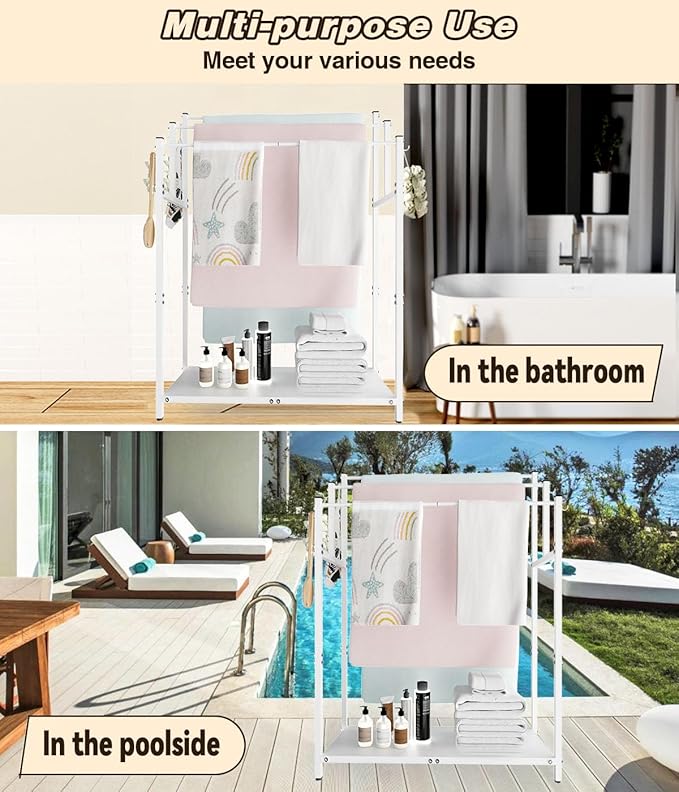 44” Tall Free Standing Towel Racks with 6 Hooks for Bathroom, 3 Tiers Oversized Pool Bath Towels Drying Stand, Metal Blanket Ladder Holder with Storage Shelf for Bedroom Living Room, White