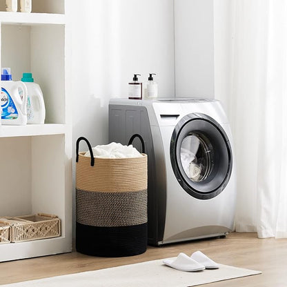 58L Large Woven Laundry Hamper by Fiona's magic, Tall Cotton Rope Laundry Basket, Boho Storage Basket for Blankets, Toys and Clothes Hamper for Bedroom and Living Room Organizing, Brown & Black