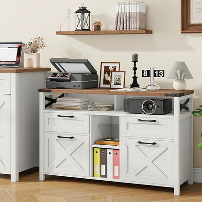 Vabches Farmhouse Filing Cabinet with Adjustable Shelf for Home Office, Lateral File Cabinets 4 Drawers with Open Storage Shelf, Filing Organization Storage Cabinets for Hanging Files Letter/A4