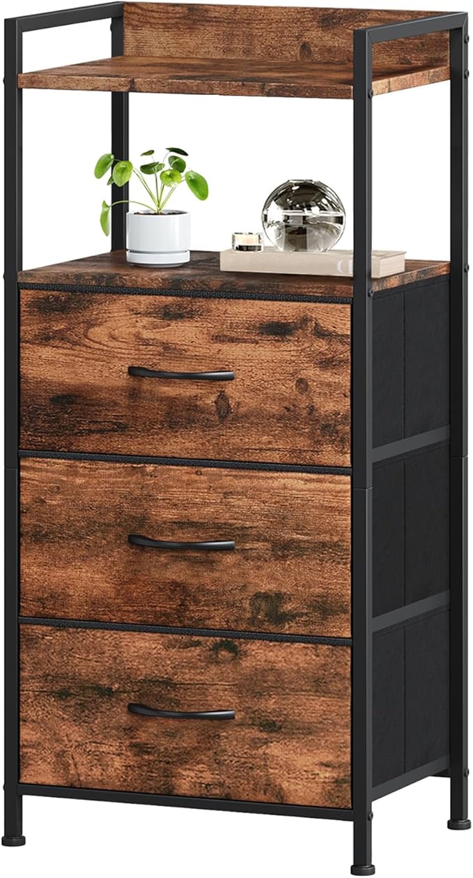 Somdot Nightstand with 3 Drawers, Dresser with Fabric Bins for Bedroom, Hallway, Entryway, Nightstand Bedside Table Furniture, Sturdy Steel Frame, Wooden Top, Easy Pull Fabric Bins, Wood Grain Print